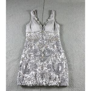 Sue Wong Nocturne Beaded Dress 12 Silver Floral Embroidery Party Cocktail